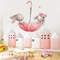 Cute Grey Bunny Ballet Rabbit Wall Stickers for Kids Room Cat Baby Nursery Wall Decals Pink Flower for Girl Room Home Decoration