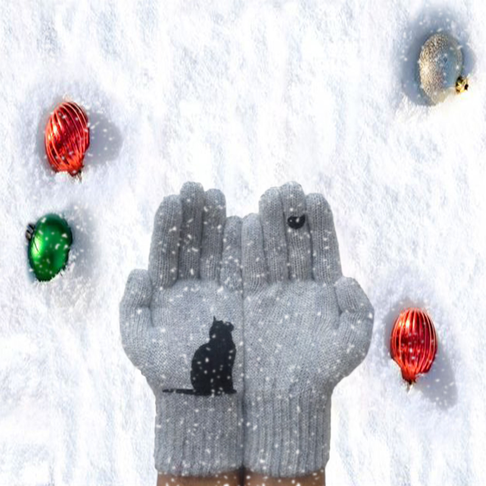 Winter Cashmere Gloves Cat Bird Cartoon Partern Printing Patchwork Woolen Warm Mittens Full Finger For Women Men Unisex