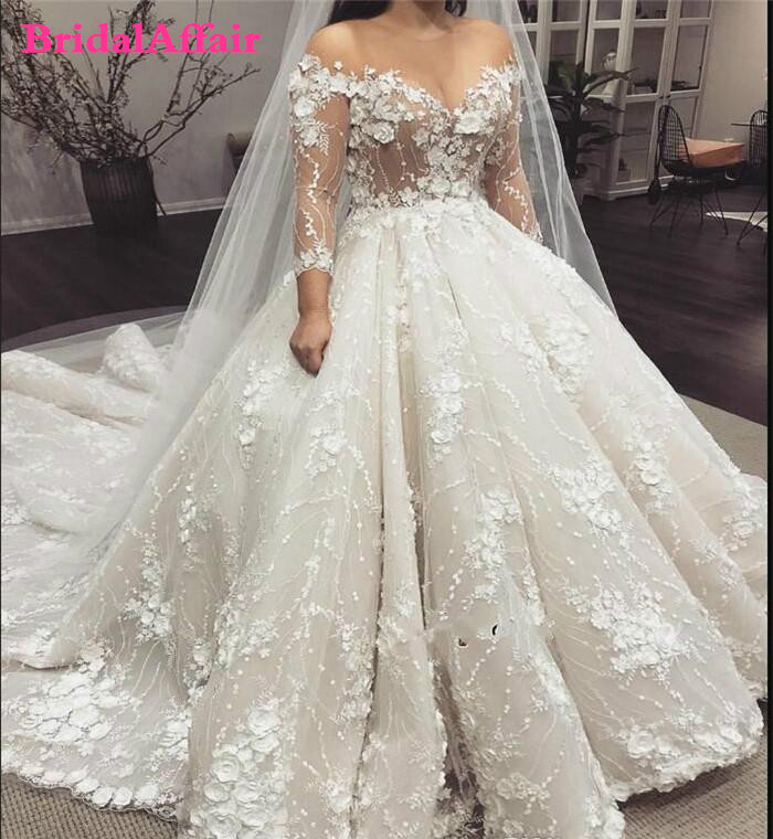 Luxury Vintage Princess See Through Wedding Dresses 2021 Sheer Sleeves Appliques Formal Bride Bridal Gowns Vestidos de novia
