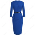 Autumn Winter Classic Women Business Elegant Sashes Solid Color Bodycon Work Career Office Dress EB473