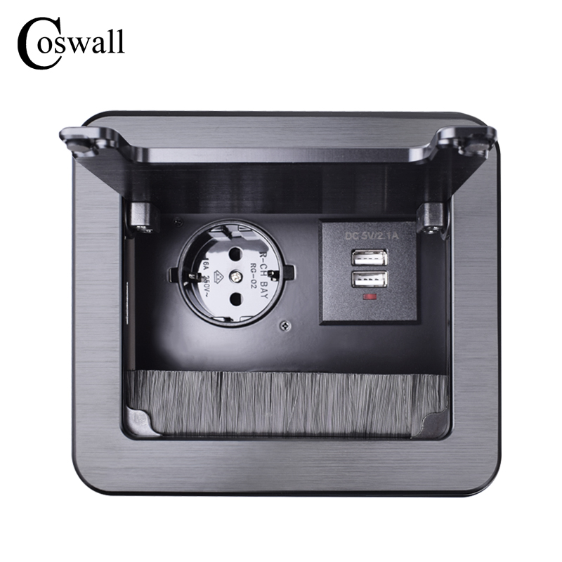 COSWALL Matte Black Aluminum Body EU Outlet + 2 USB Charging Port Table Socket With Dustproof Brush Damping Clamshell Cover