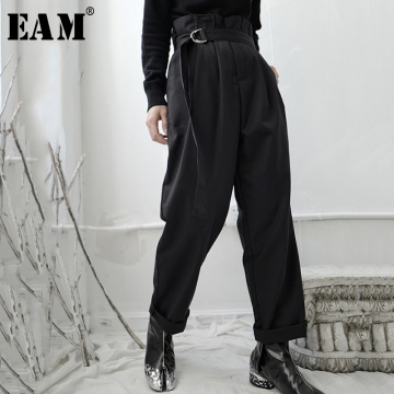 [EAM] High Waist Bandage Black Pleated Long Wide Leg Trousers New Loose Fit Pants Women Fashion Tide Spring Autumn 2021 1S236