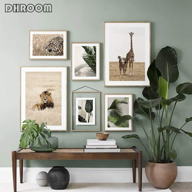 Wild Animals Lion Leopard Wall Art Poster Nordic Nature Green Leaves Canvas Print Painting Decoration Picture Modern Home Decor
