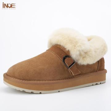 INOE Sheepskin Suede Leather Wool Fur Lined Women Short Ankle Winter Boots for woman Snow Boots Warm Shoes Flats Non-slip Sole