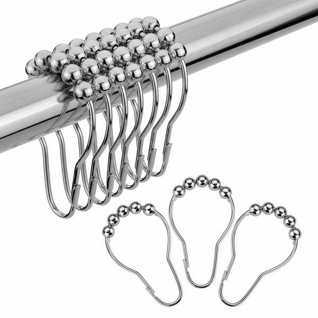12pcs/pack Roller Ball Shower Curtain Rings Hooks Rust-Resistant Curtain Accessories Polished Satin Nickel Iron Hooks#YL5