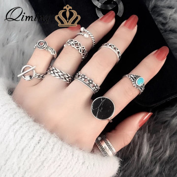 QIMING Vintage Retro Ring Set Tibetan Black Marble Flower Pearl CZ Crystal Carved Toe Midi Knuckle Rings Women fashion Jewelry