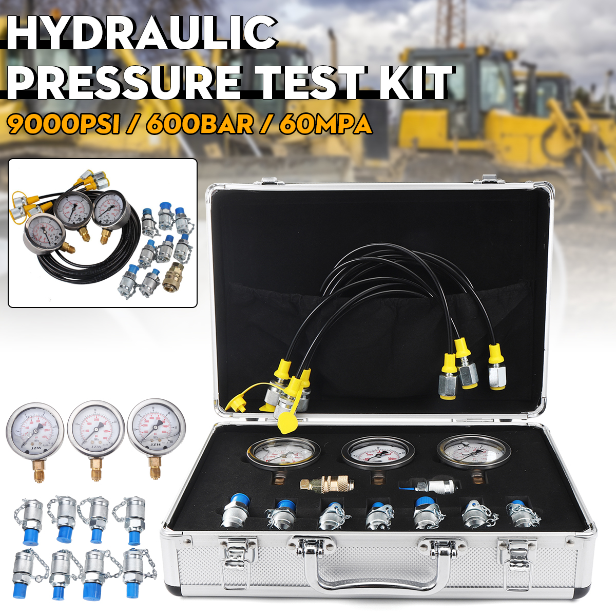 1 Set Excavator Hydraulic Pressure Gauge Test Kit Professional Hydraulic Measuring Toolbox For Hydraulic Presses Machinery