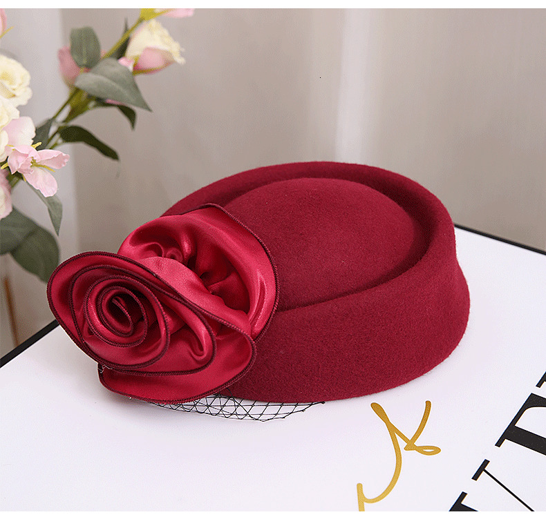 100% Wool Felt Winter Women Hat Brand Quality Classic Solid Flower Beret Caps Elegant Church Hat Wedding Fedora Flat Formal Hat