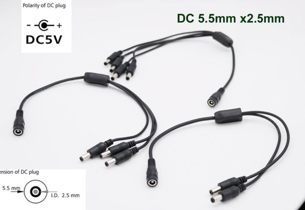 1pc 5.5mm x 2.5mm 1 Female to 2/3/4 Male Plug Port 12V CCTV Camera DC Power Splitter Adapter Connector Cable 37cm Copper