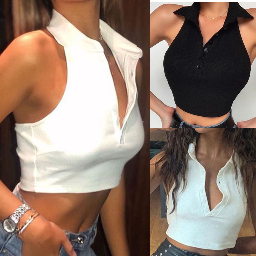 30# Sexy Tops Women Fashion V-neck Halter Buttons Sleeveless Vest Slim Short Tank Tops Summer Tops women ropa mujer топ женский