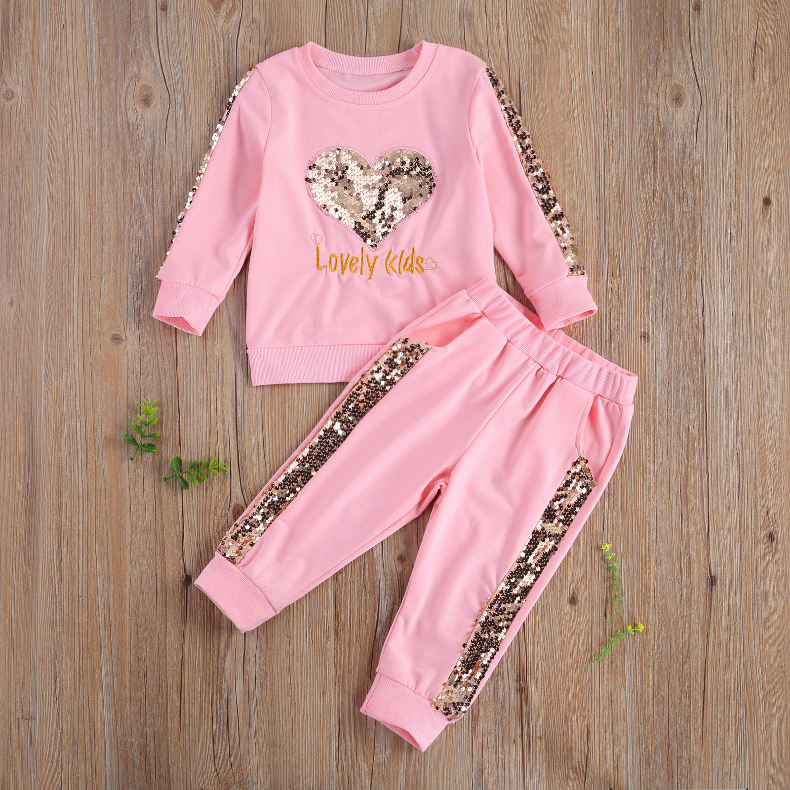 Kid Baby Girl Sequined Top Hoodie, Lace-up Pants, Round Collar Long Sleeves Heart Patchwork Top Side Pocket Jogger Trousers 1-6Y