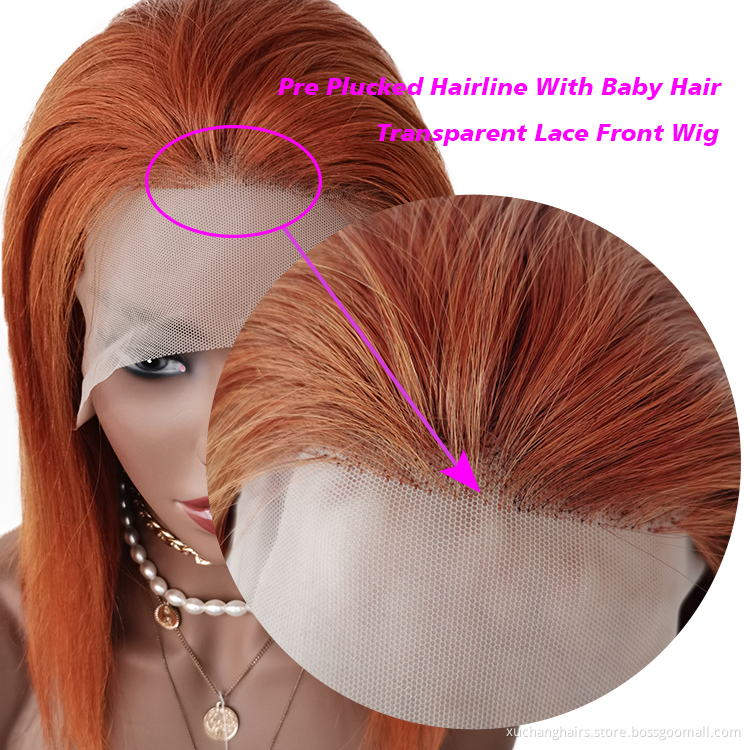 Virgin brazilian hair preplucked hd transparent lace colored bob wigs human hair lace front ginger orange wig colourful wigs