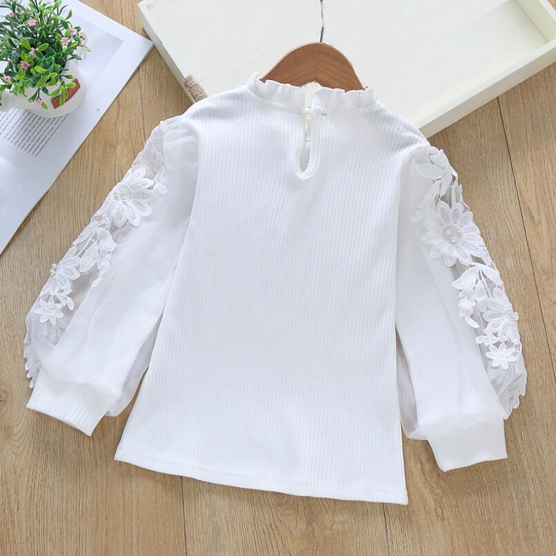 Autumn School Girls White Blouse Long Sleeve Lace Floral Shirts Kids Cotton Shirt Baby Toddler Girl Tops Tee Children Clothes