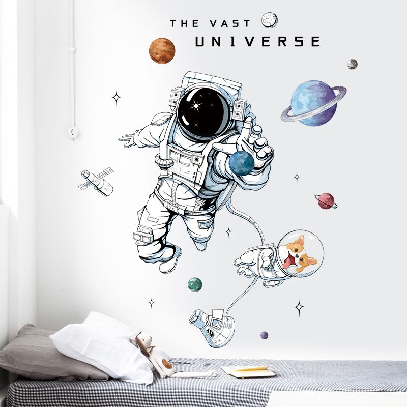 Space Astronaut Wall Stickers for Kids Room Boy Room Decoration Planets Wall Decals Decorative Stickers Bedroom Mural Wallpaper