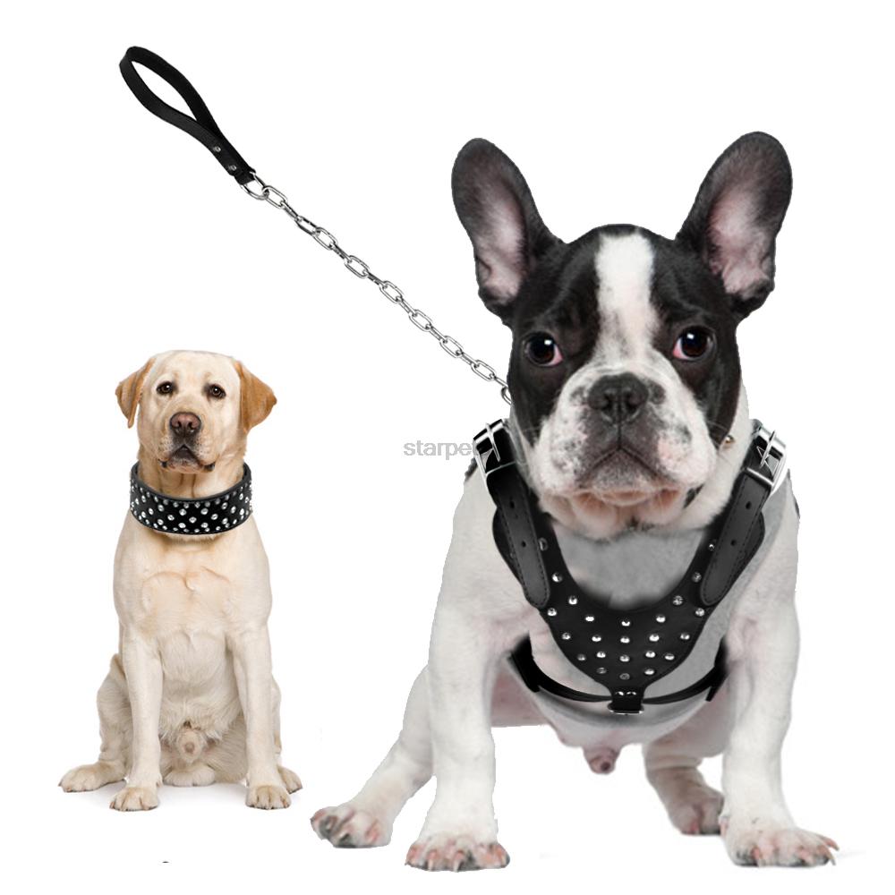Bling Rhinestone Studded Leather Dog Pet Collar Harness Leash 3pcs Set Walking Medium Large Dogs Pitbull Boxer Pink Black M L XL