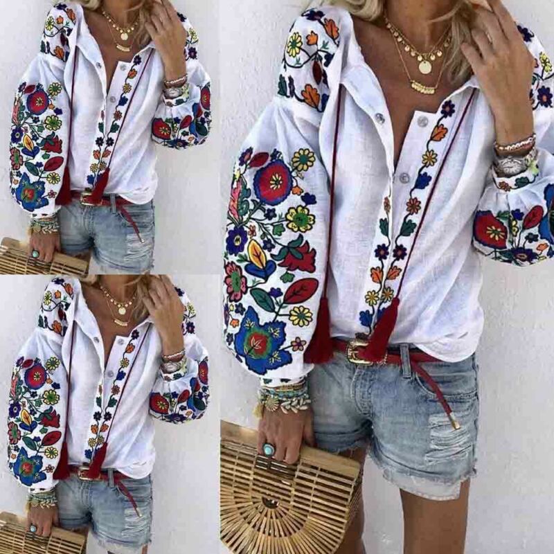 Women Casual Flower Cotton Linen Button Long Lantern Sleeve Shirt Blouse Tunic Tops Holiday Beach Wear National Feature Blouses