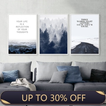 Nordic poster blue sea snow road canvas painting forest poster seascape canvas painting picture living room