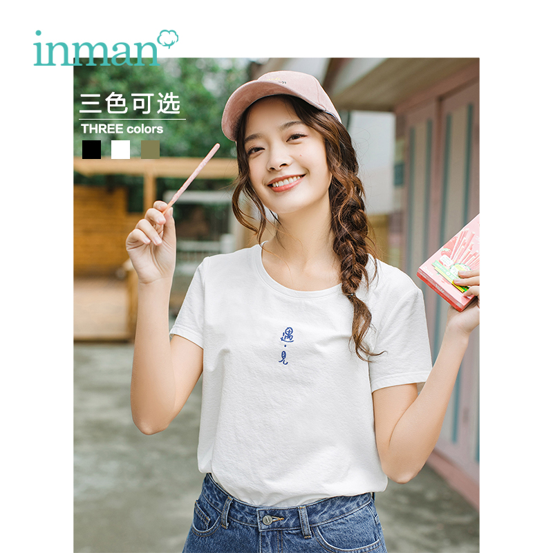 INMAN Summer O-neck Literary Embroidery Retro Casual All Matched Slim Short Sleeve Women T-shirt