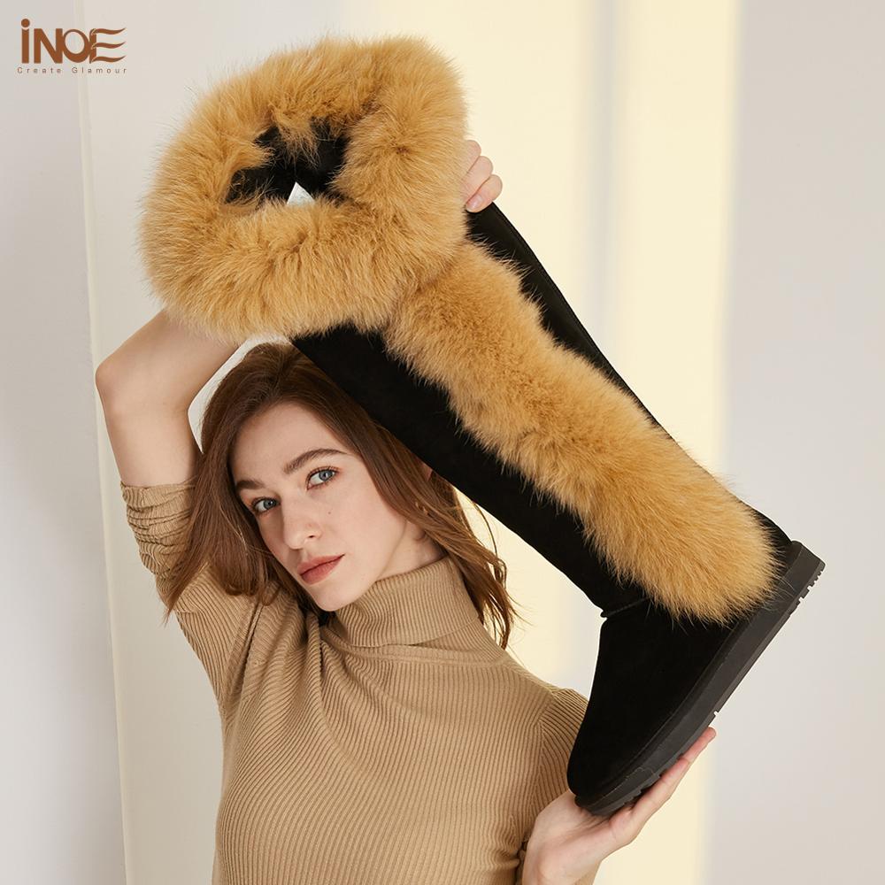 INOE fashion fox fur botas cow suede leather over the knee long winter snow boots for women thigh winter shoes boots black brown
