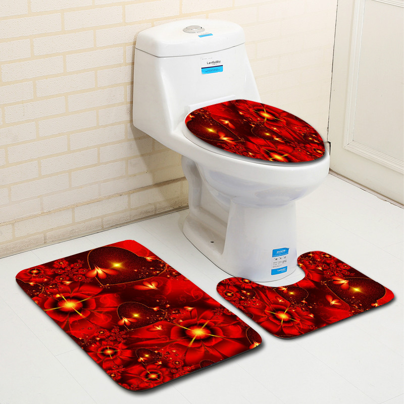 Zeegle Romantic Valentine 3Pcs Toilet Rug Set Non-slip Bathroom Floor Mats Flannel Bathroom Carpet Toilet Lid Cover Bath Mat Set