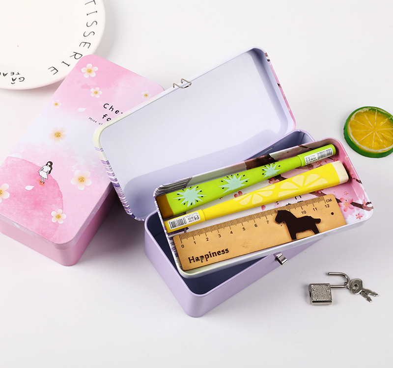 Japan and South Korea creative simple double-layer tinplate storage box student pencil box desktop finishing box