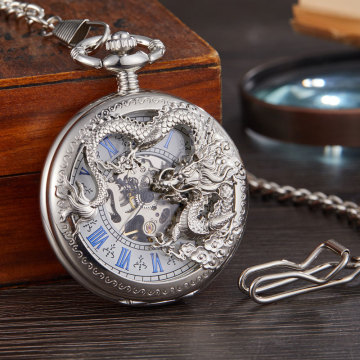 Luxury Mechanical Pocket Watch with Chain Golden Dragon Laser Engraved Hand-wind Pendant Clock Men Bronze Gold Flip Fob Watches