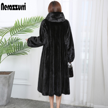 Nerazzurri Winter black long faux fur coat with hood long sleeve Black plus size skirted fake mink fur coats Overcoat women 7xl