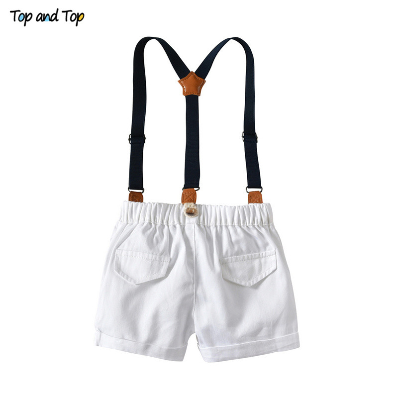 Top and Top Fashion Kids Baby Boys Summer Gentleman Bowtie Shirt Top+Suspenders Shorts Clothes Set Roupa Infantil Menino