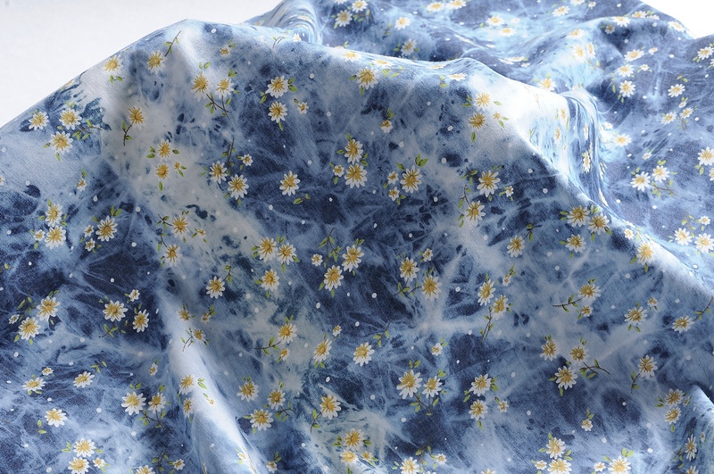 blue Denim Fabric thin cloth floral Small flower printing garment fabric diy sewing clothes dress Soft breathable