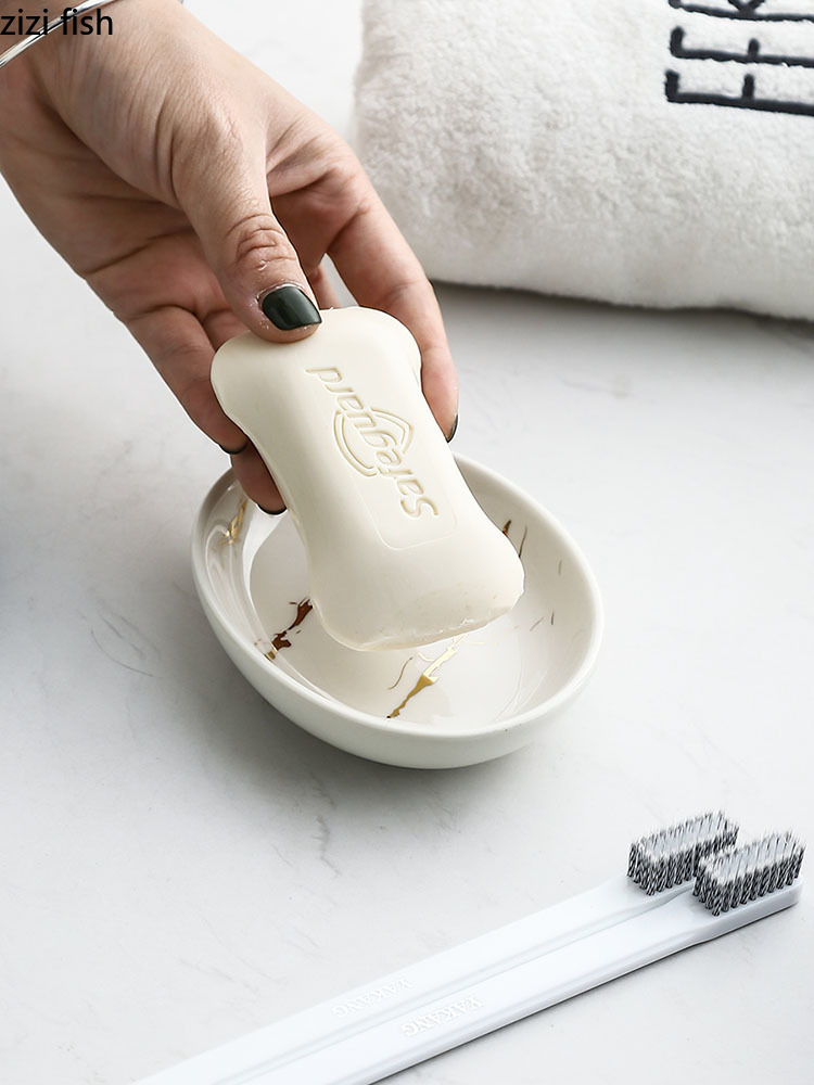Golden Marble Texture Soap Dish Ceramic Round Soap Box Bathroom Accessories Toilet Shower Trays Bath Supplies Shelf Basket