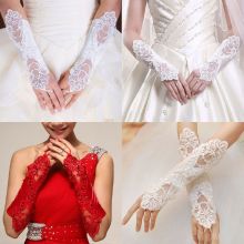 Women Bridal Long Gloves Fingerless Embroidery Lace Glitter Sequins Solid Color Elbow Length Mittens Hook Finger Wedding