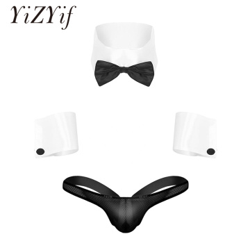 Mens Lingerie Sexy Waiter Role play Costume Collar Cuffs See Through Fishnet Jockstrap Bikini G-string Thong Underwear