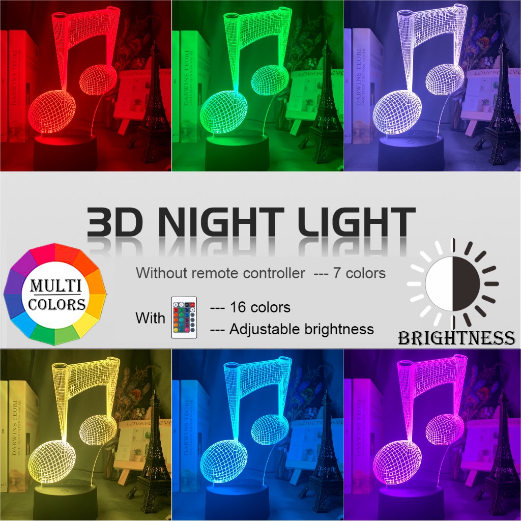 Acrylic 3D Illusion Baby Night Light Musical Note Hologram Nightlight Led Touch Sensor Colorful Usb Battery Powered Bedside Lamp