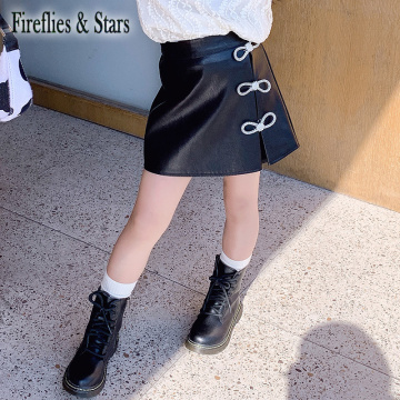Spring Autumn Girls Pu Skirt Baby Skirt For Kids Children Mini Skirt New Fashion A Line Bow Faux Crystal Patch 4 To 16 Yrs