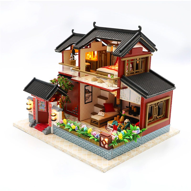 diy big Chinese retro doll house wooden doll houses bedroom miniature villa dollhouse kast furniture kit jugetes para ninos