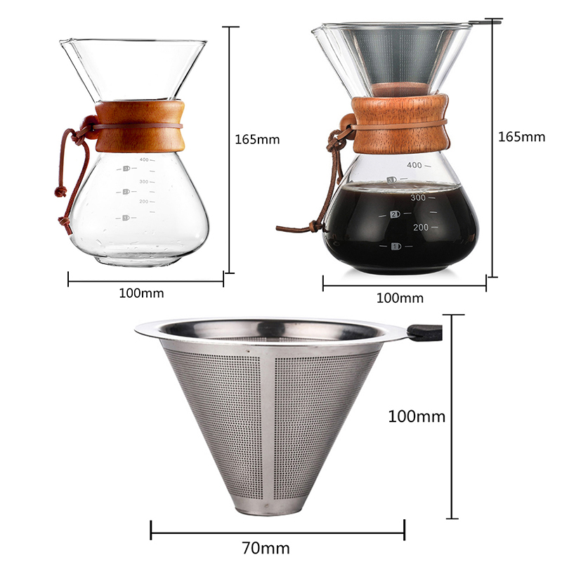 1pc 400ml Pour Over Coffee Dripper Manual Coffee Maker Paperless Stainless Steel Filter Glass Carafe Pot Percolators