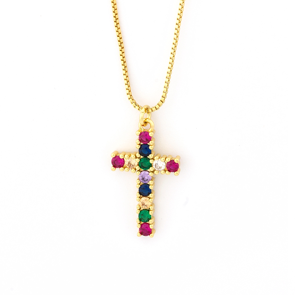 Rainbow Cross Crystal Pendant Gold Chain Necklace AAA Shiny Cubic Zirconia Choker Necklaces Fashion Jewelry Gifts For Women