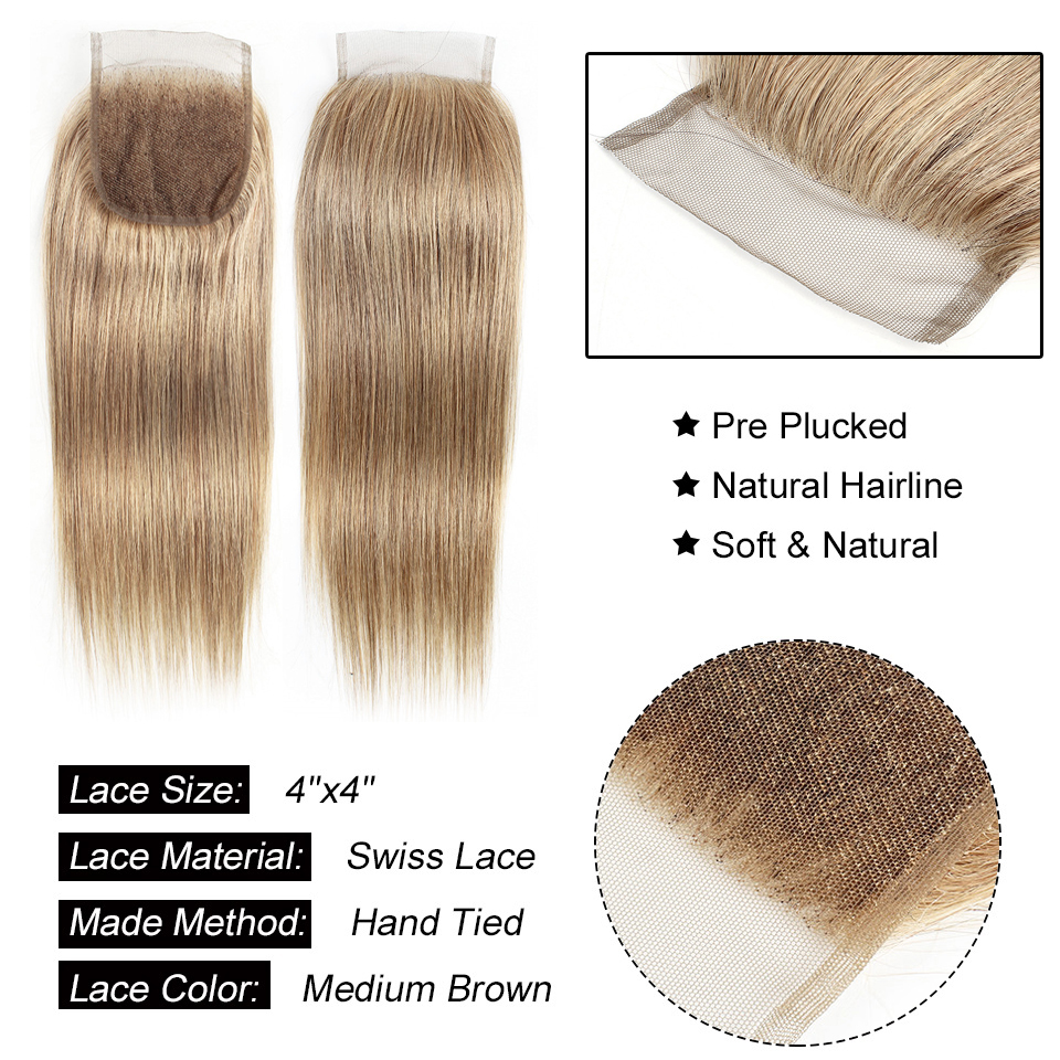 MOGUL HAIR Color 8 Ash Blonde bundles with Closure Colored Indian Straight Hair Weave Non-Remy Human Hair Extension