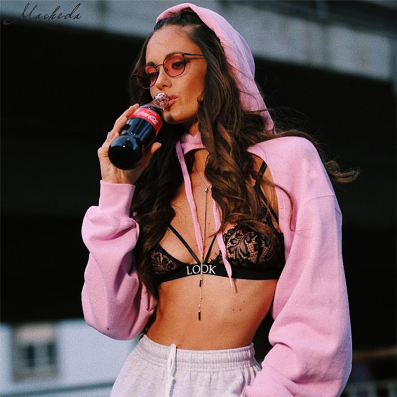 Macheda 2018 Autumn Winter Fashion Women Hoodies Sweatshirt Sexy Solid Color Long Sleeve Lace Up Loose Hooded Casual Crop Top
