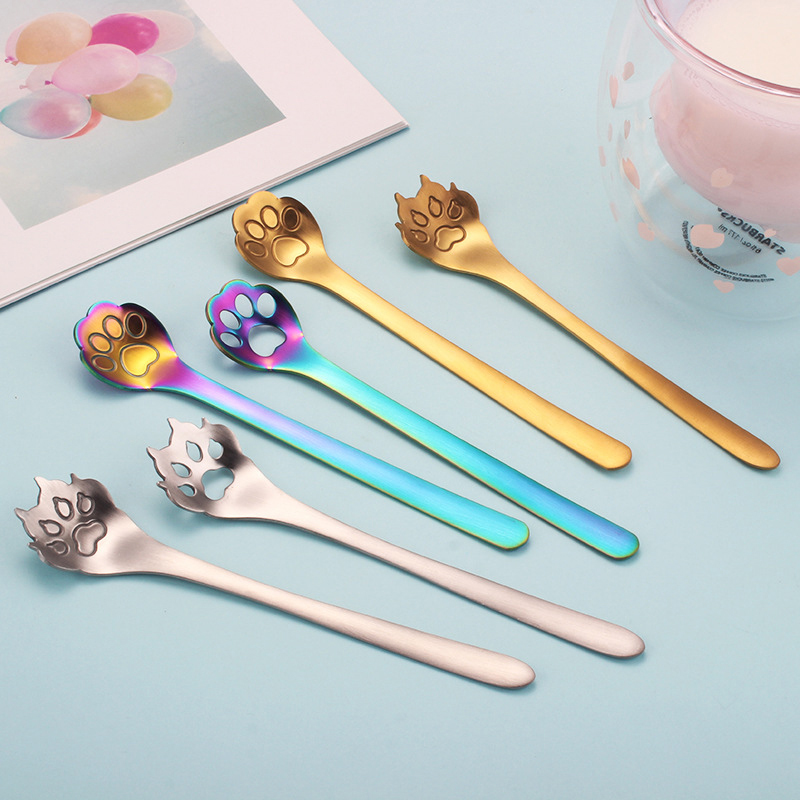 1pc Stainless Steel Cat Claw Spoon For Coffee Tea Dessert Kids Tableware Hollow Craft 3 Colors Spoon New Year Kitchen Supplies