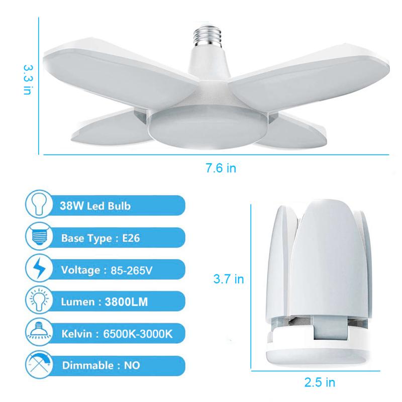 38/85W E26 E27 Indoor Deformable Folding Fan Blade LED Work Light 85-265V Folding Garage Lamp 360 Degree Adjustable Ceiling Lamp