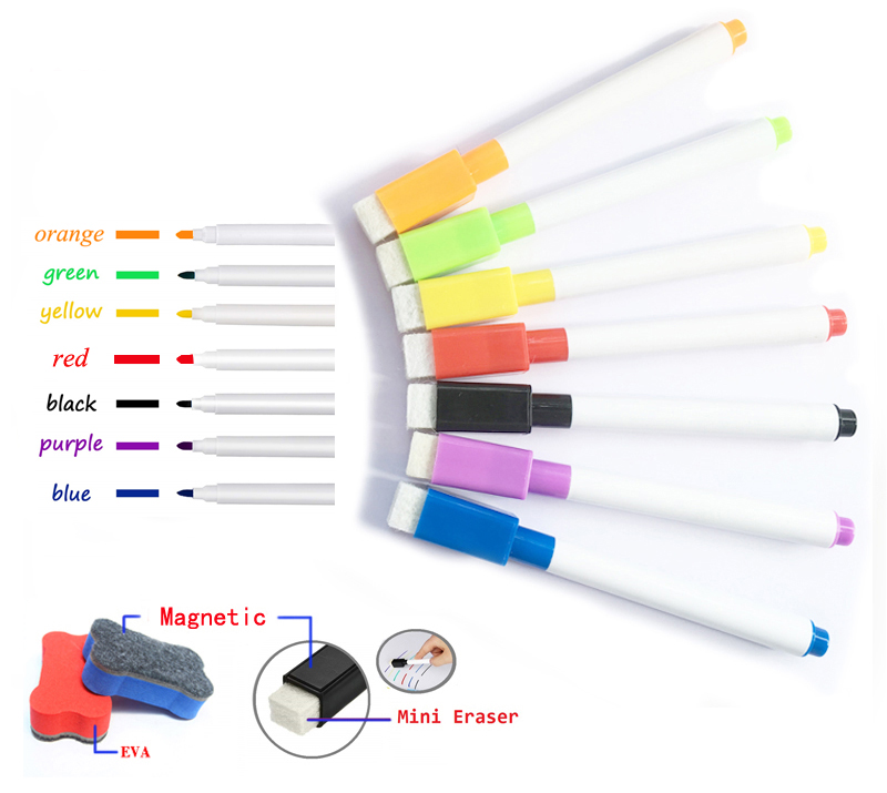 7pcs Whiteboard Marker Pens 1pcs Dry Eraser School White Board Water-based Pen Watercolor Color Magnetic Pen Classroom Supplies