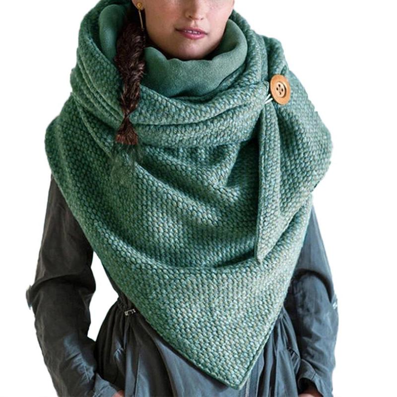 Women Winter Warm Thicken Oversized Large Scarf With Button Hook Color Ribbed Triangle Shawl Wrap Bib