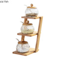 Ceramic Seasoning Jar Trapezoidal Upper and Lower Bamboo Shelf with Glass Jars Seasoning Box Salt Shaker Seasoning Storage Boxs