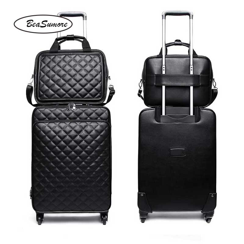 BeaSumore Cute Korean version Rolling Luggage Sets Spinner Retro PU Leather Women Suitcase Wheels 16/20 inch Men Cabin Trolley