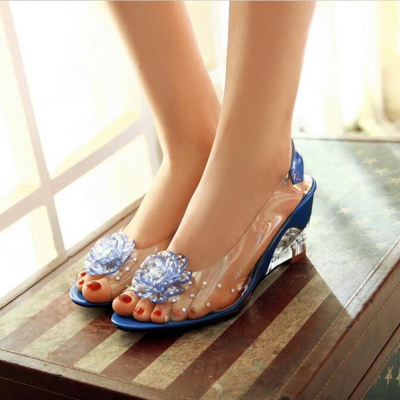 YEELOCA 6.5CM Wedges Sandals Women Summer Sweet Flowers Transparent Open Toe Heels Sandals Fishmouth Red Sandals Plus Size 33-43