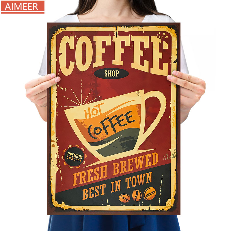 AIMEER Vintage Coffee Advertising Poster/Coffee Shop Signboard Retro Kraft Poster/Home Decoration Painting Core Wall Sticker