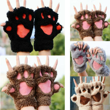 Women Gloves Girl Cat Claw Paw Gloves Cute Plush Winter Warm Short Half Finger Mitten