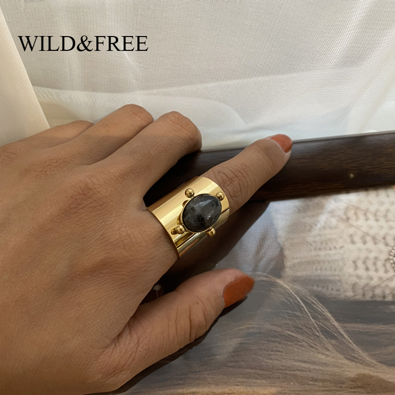 Wild&Free Stainless Steel Gold Color Wide Rings For Women Big Natural Stone Finger Ring Vintage Jewelry Best Gift