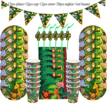 Cartoon Jungle Animal Disposable Party Tableware Sets Kids Birthday Safari Party Decor Baby Shower Forest Theme Party Supplies